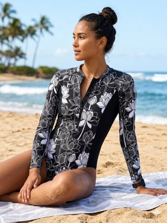 VANI VITTONE Other - Black & White Floral Long Sleeve One Piece Rash Guard M